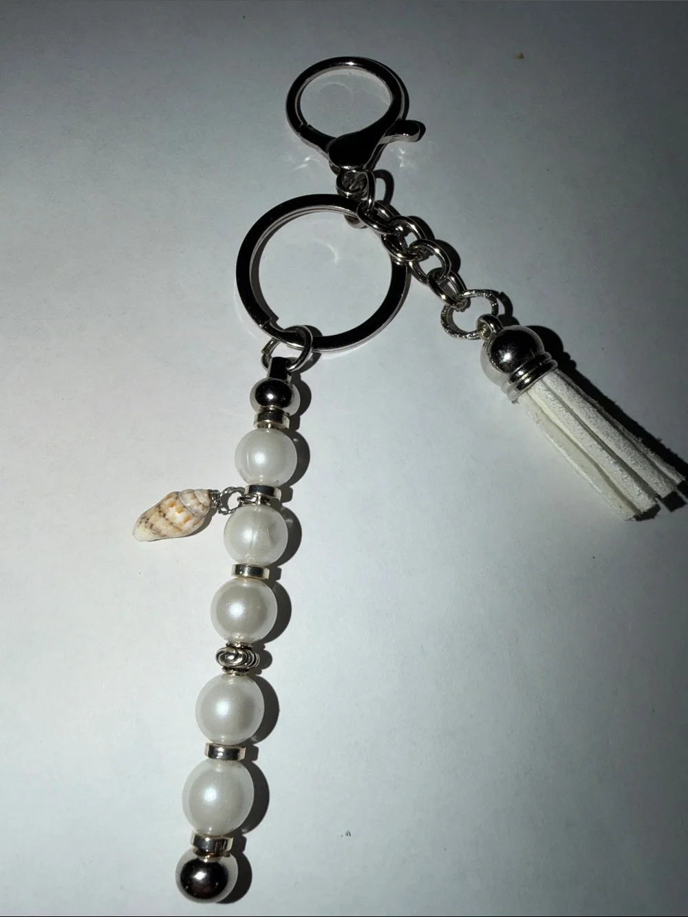 White Pearl Bead Tassel Keychain with Shell Accent